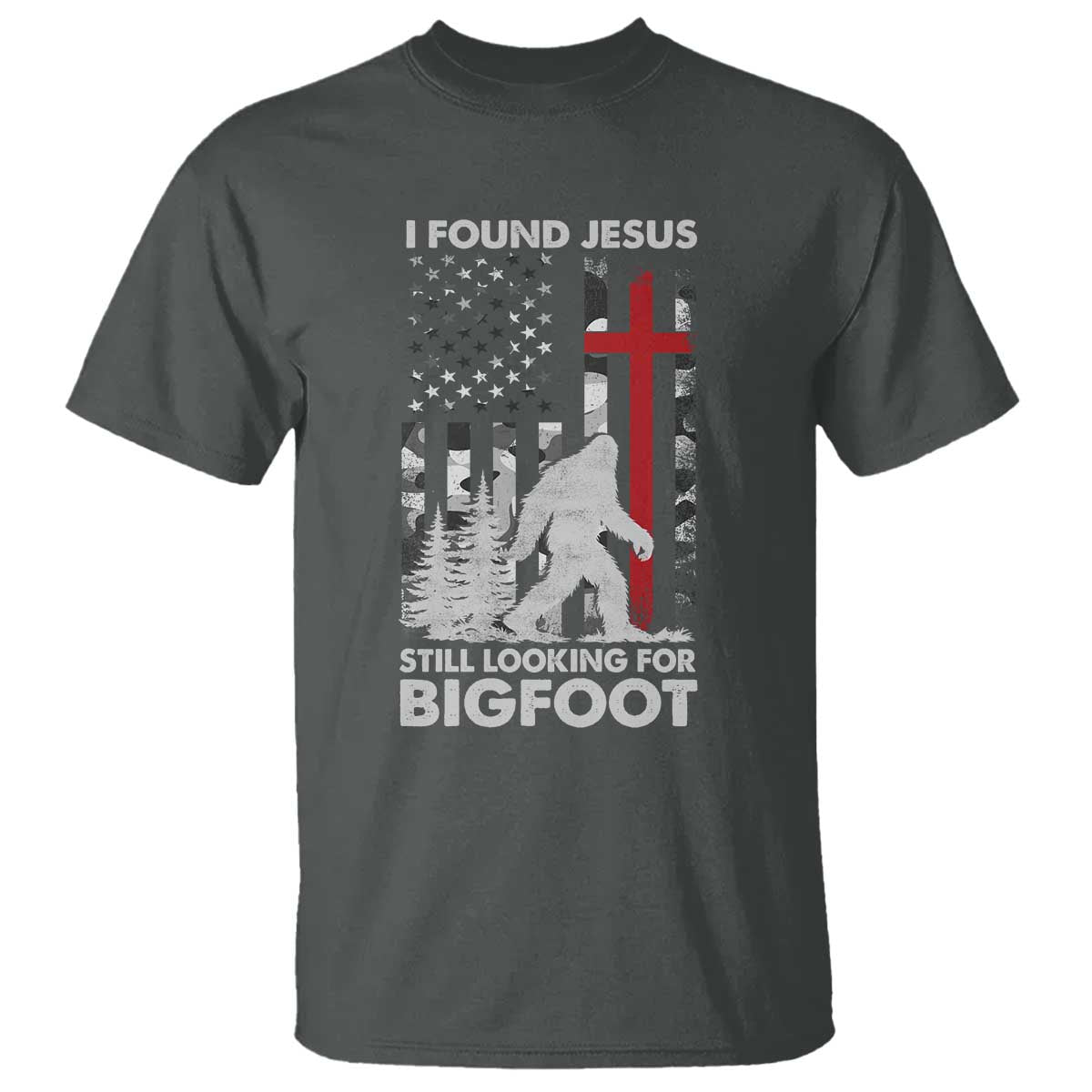 Retro I Found Jesus Still Looking For Bigfoot T Shirt Camouflage US American Flag Camo