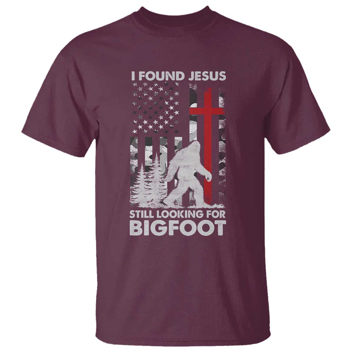 Retro I Found Jesus Still Looking For Bigfoot T Shirt Camouflage US American Flag Camo