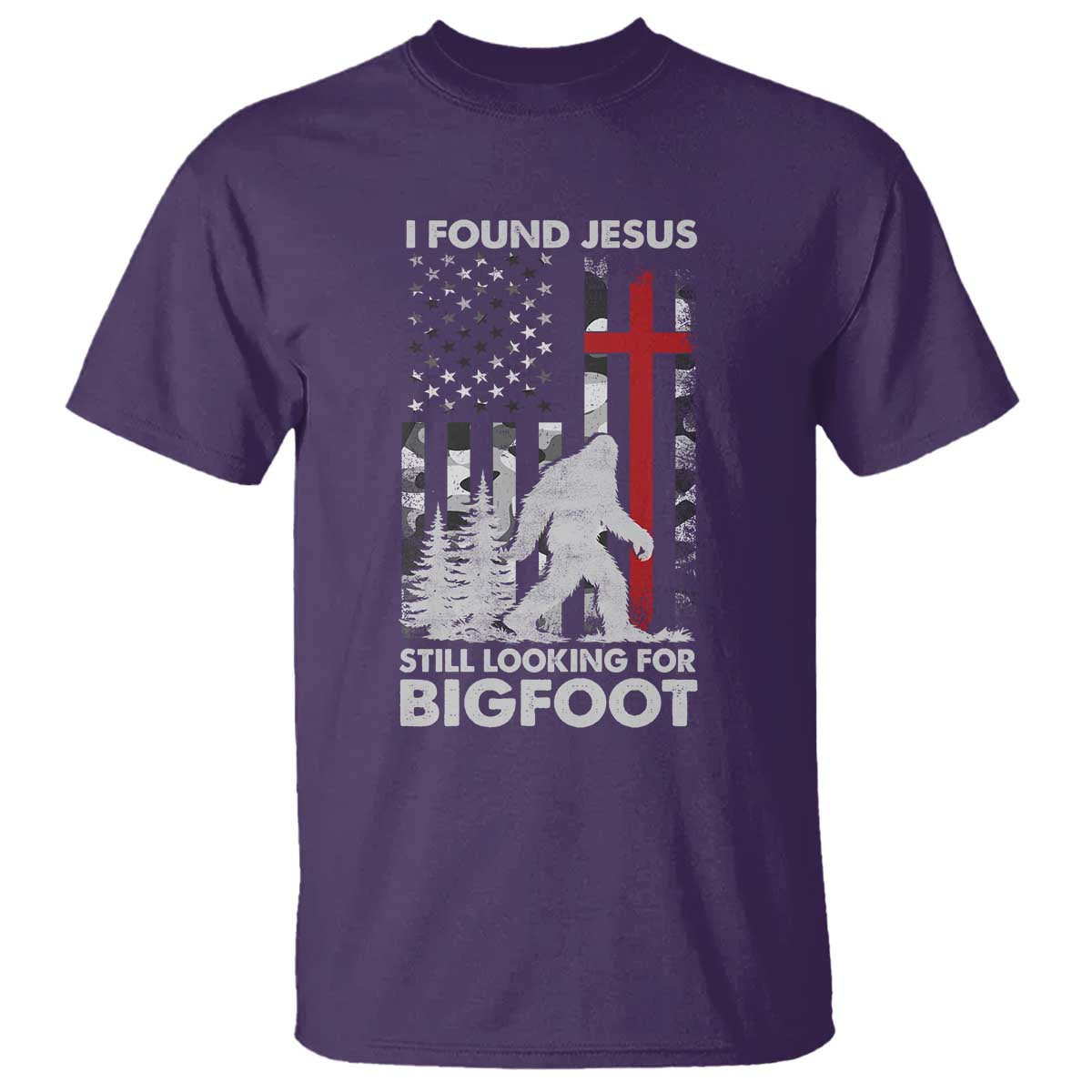 Retro I Found Jesus Still Looking For Bigfoot T Shirt Camouflage US American Flag Camo