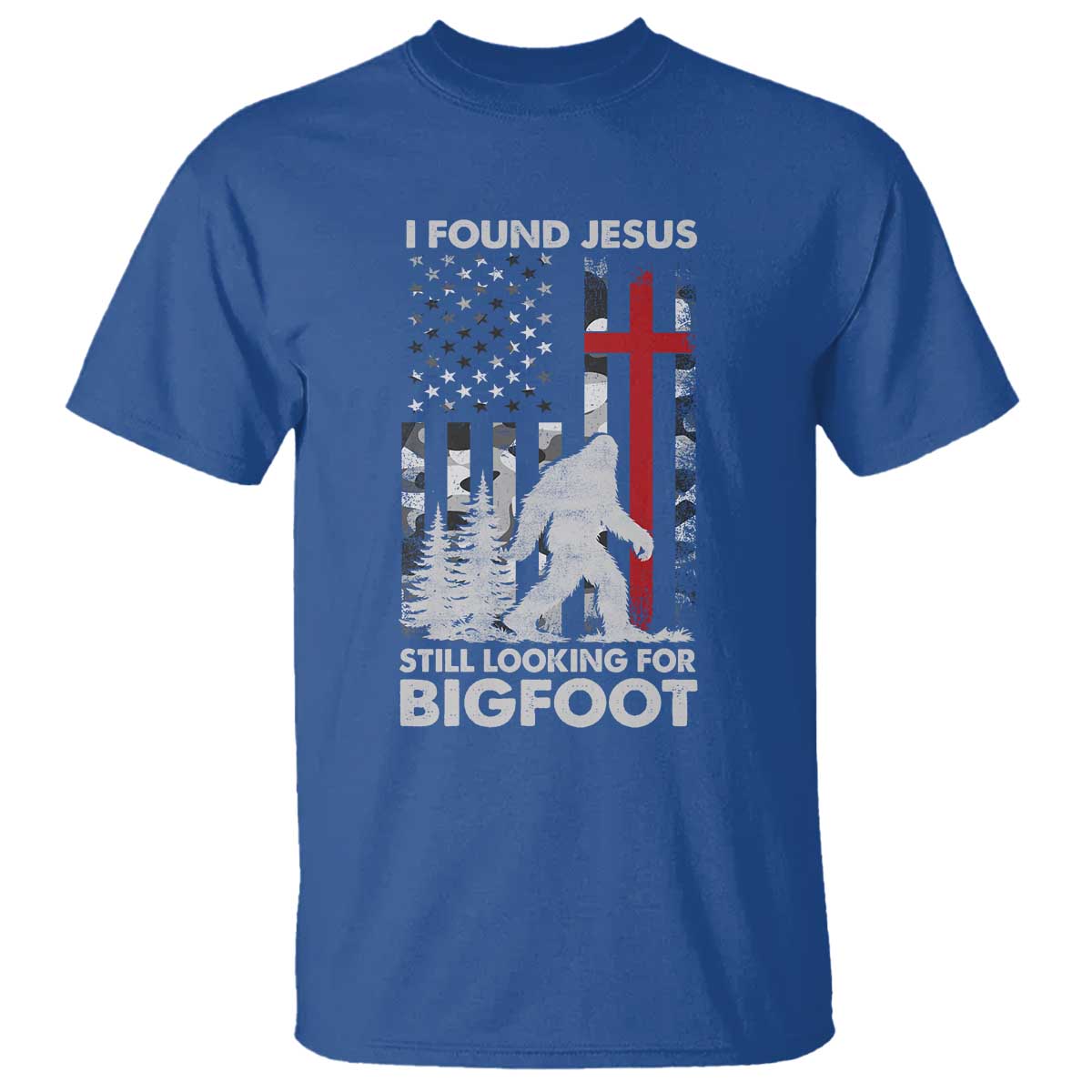 Retro I Found Jesus Still Looking For Bigfoot T Shirt Camouflage US American Flag Camo
