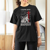 Retro I Found Jesus Still Looking For Bigfoot T Shirt For Women Camouflage US American Flag Camo