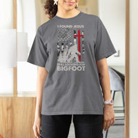 Retro I Found Jesus Still Looking For Bigfoot T Shirt For Women Camouflage US American Flag Camo