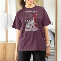 Retro I Found Jesus Still Looking For Bigfoot T Shirt For Women Camouflage US American Flag Camo