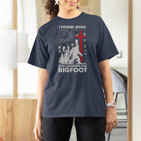 Retro I Found Jesus Still Looking For Bigfoot T Shirt For Women Camouflage US American Flag Camo