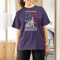 Retro I Found Jesus Still Looking For Bigfoot T Shirt For Women Camouflage US American Flag Camo