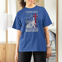 Retro I Found Jesus Still Looking For Bigfoot T Shirt For Women Camouflage US American Flag Camo