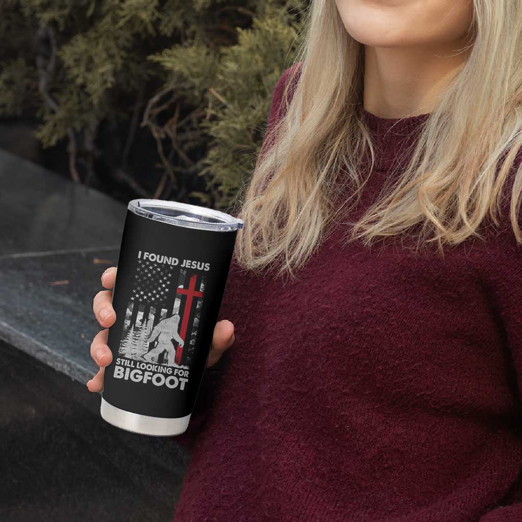 Retro I Found Jesus Still Looking For Bigfoot Tumbler Cup Camouflage US American Flag Camo