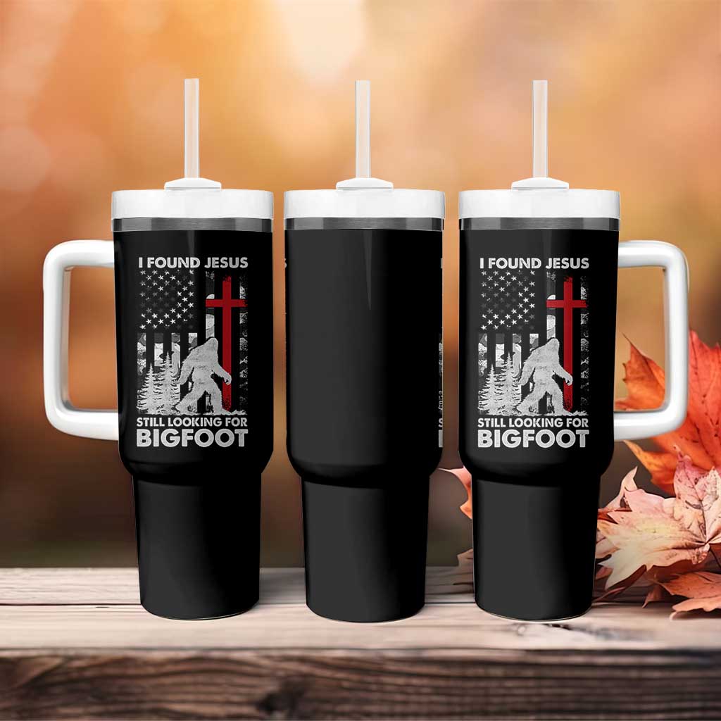 Retro I Found Jesus Still Looking For Bigfoot Tumbler With Handle Camouflage US American Flag Camo