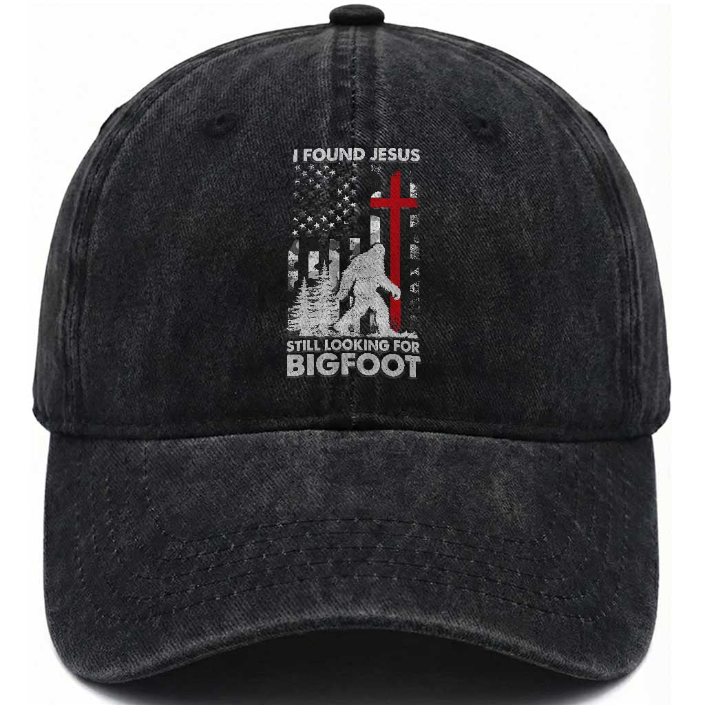 Retro I Found Jesus Still Looking For Bigfoot Washed Cotton Baseball Cap Camouflage US American Flag Camo