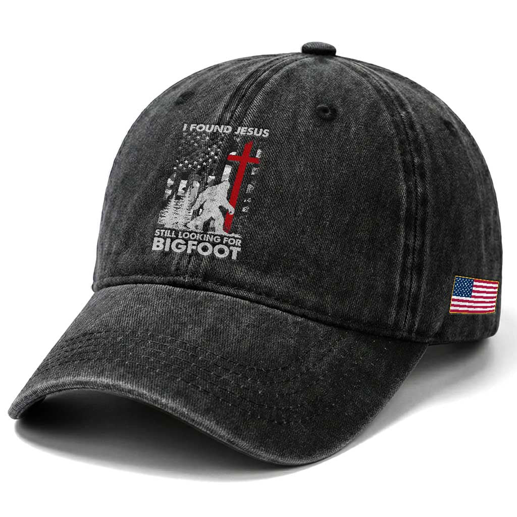 Retro I Found Jesus Still Looking For Bigfoot Washed Cotton Baseball Cap Camouflage US American Flag Camo