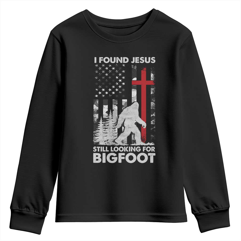 Retro I Found Jesus Still Looking For Bigfoot Youth Sweatshirt Camouflage US American Flag Camo