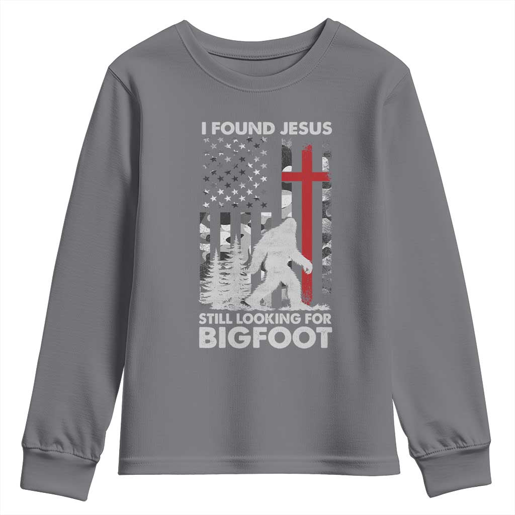 Retro I Found Jesus Still Looking For Bigfoot Youth Sweatshirt Camouflage US American Flag Camo