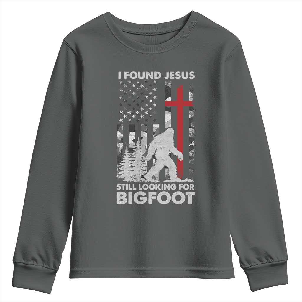 Retro I Found Jesus Still Looking For Bigfoot Youth Sweatshirt Camouflage US American Flag Camo