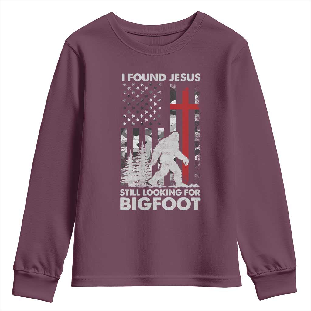 Retro I Found Jesus Still Looking For Bigfoot Youth Sweatshirt Camouflage US American Flag Camo