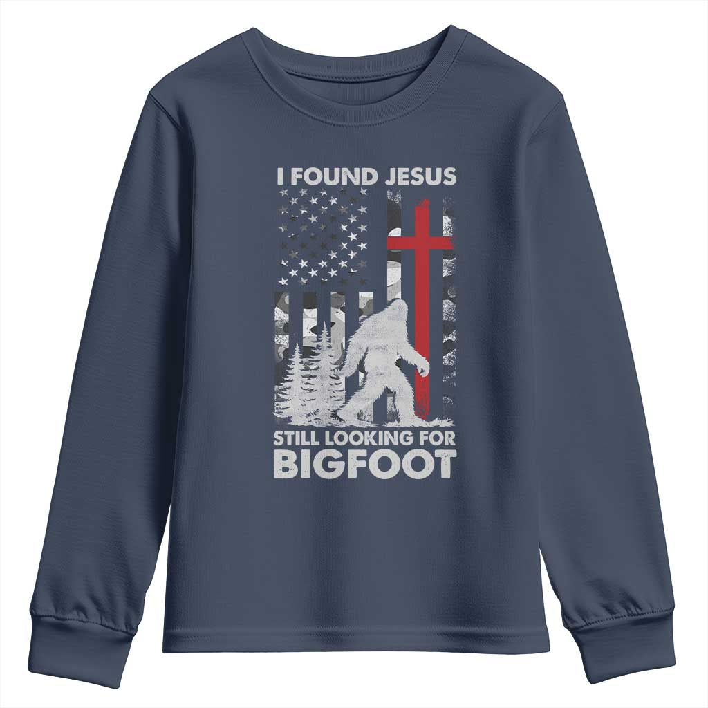 Retro I Found Jesus Still Looking For Bigfoot Youth Sweatshirt Camouflage US American Flag Camo