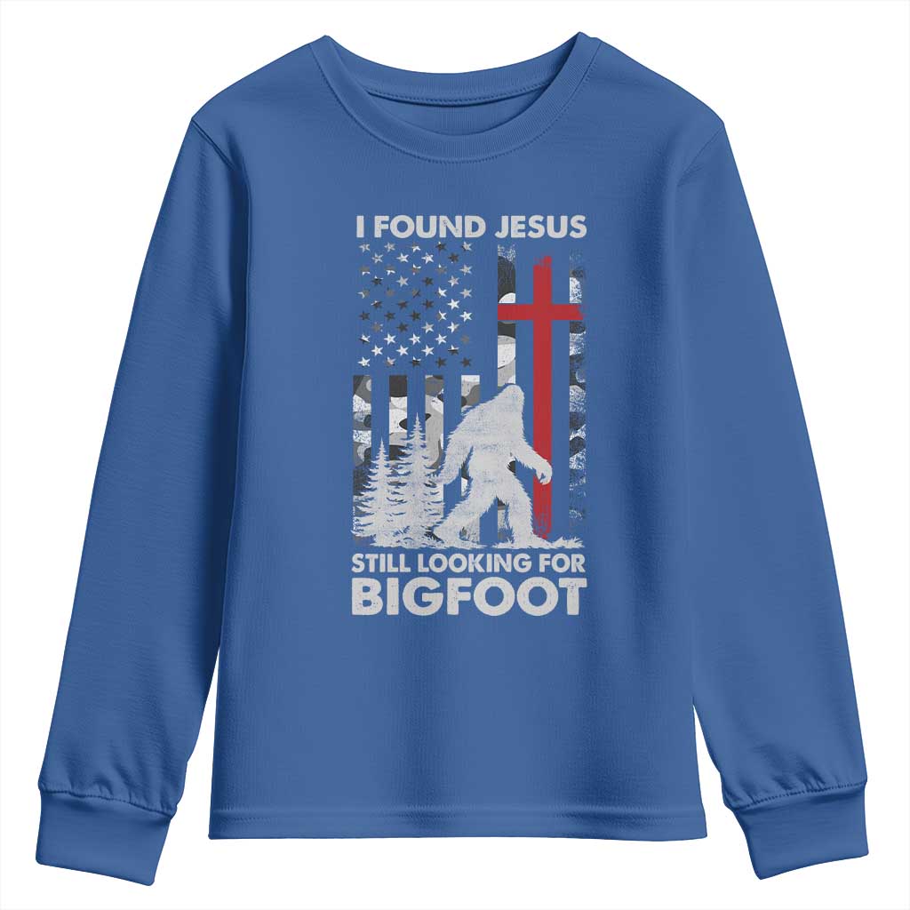 Retro I Found Jesus Still Looking For Bigfoot Youth Sweatshirt Camouflage US American Flag Camo