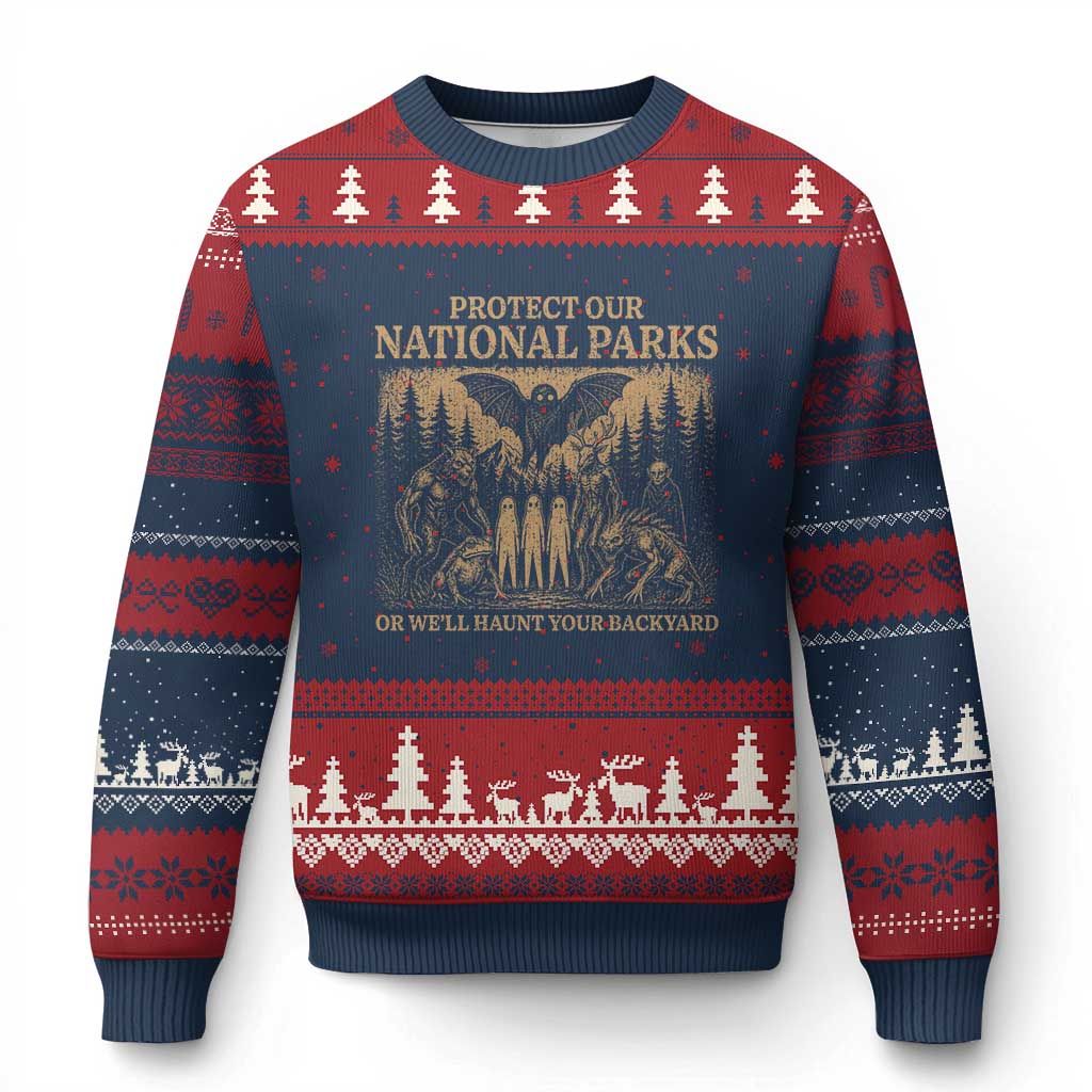 Funny Mothman Protect Our National Parks Ugly Christmas Sweater Ghost Wendigo Skull Cryptid Weirdcore Folk Horror
