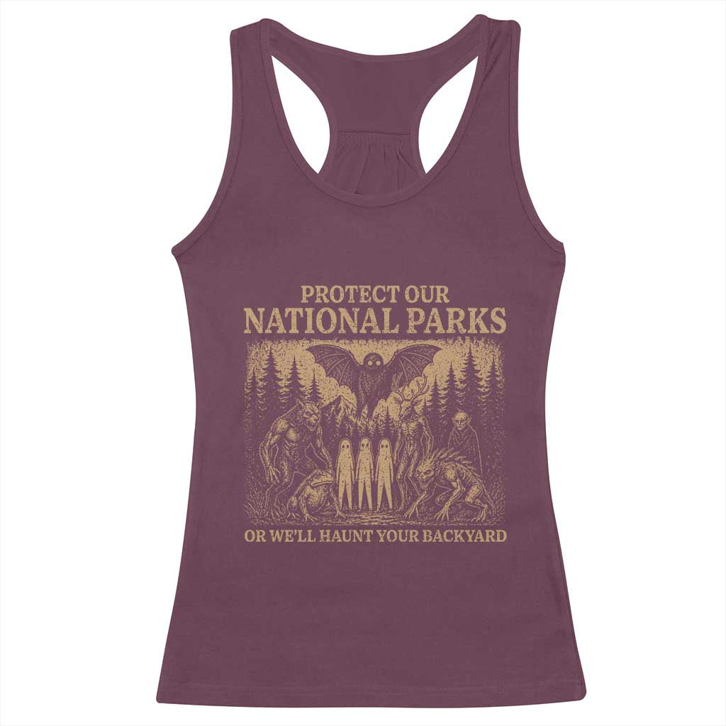 Funny Mothman Protect Our National Parks Racerback Tank Top Ghost Wendigo Skull Cryptid Weirdcore Folk Horror