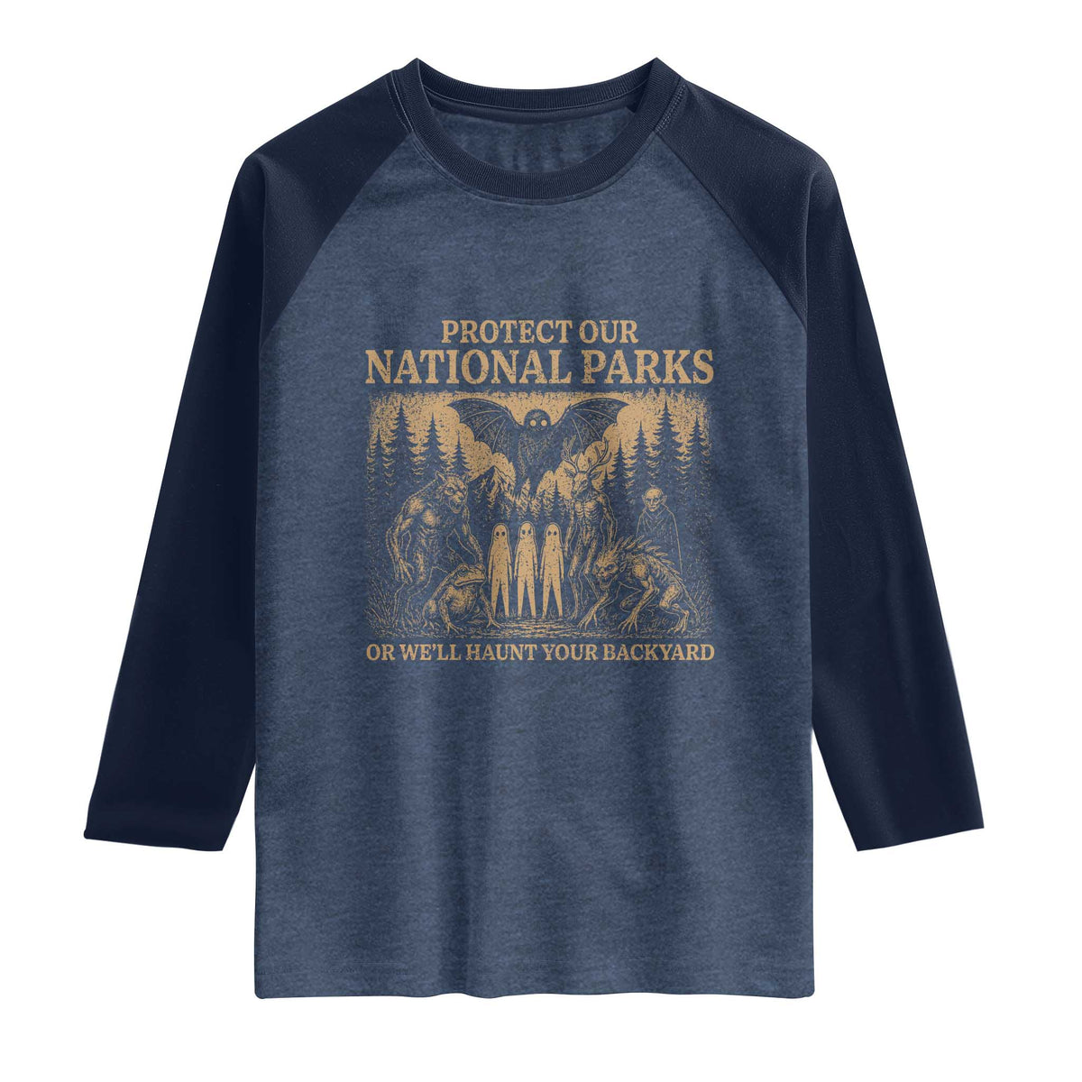 Funny Mothman Protect Our National Parks Raglan Shirt Ghost Wendigo Skull Cryptid Weirdcore Folk Horror