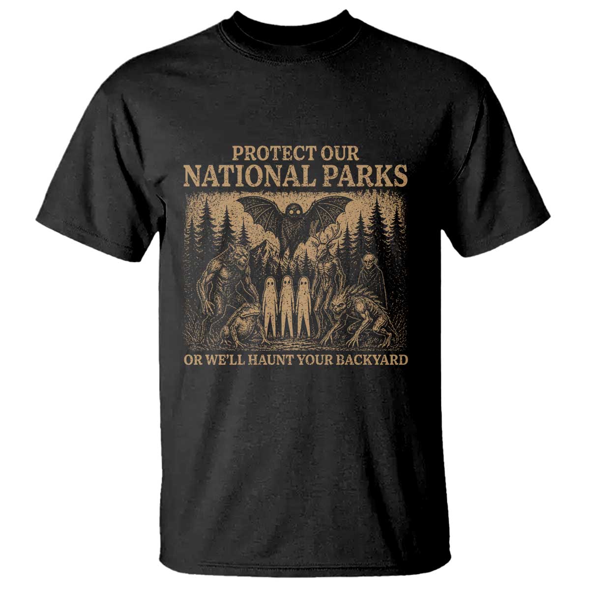 Funny Mothman Protect Our National Parks T Shirt Ghost Wendigo Skull Cryptid Weirdcore Folk Horror