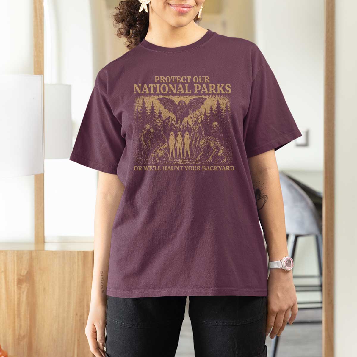 Funny Mothman Protect Our National Parks T Shirt For Women Ghost Wendigo Skull Cryptid Weirdcore Folk Horror