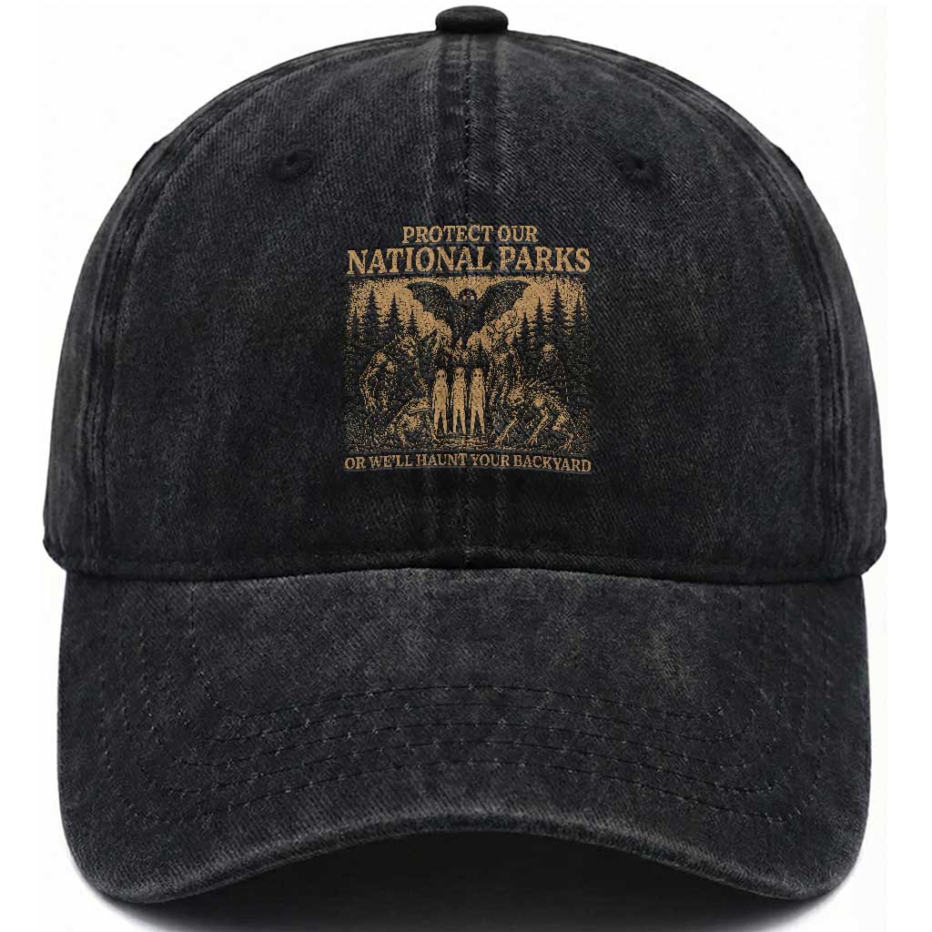 Funny Mothman Protect Our National Parks Washed Cotton Baseball Cap Ghost Wendigo Skull Cryptid Weirdcore Folk Horror