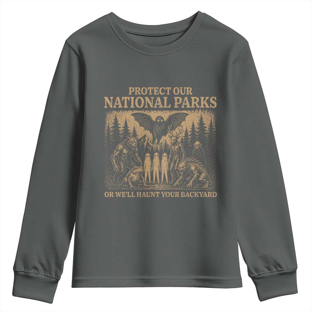 Funny Mothman Protect Our National Parks Youth Sweatshirt Ghost Wendigo Skull Cryptid Weirdcore Folk Horror