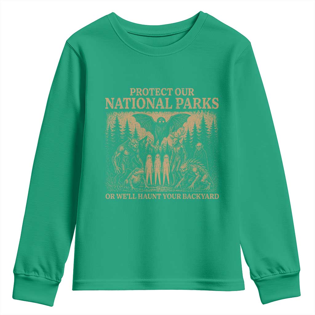 Funny Mothman Protect Our National Parks Youth Sweatshirt Ghost Wendigo Skull Cryptid Weirdcore Folk Horror