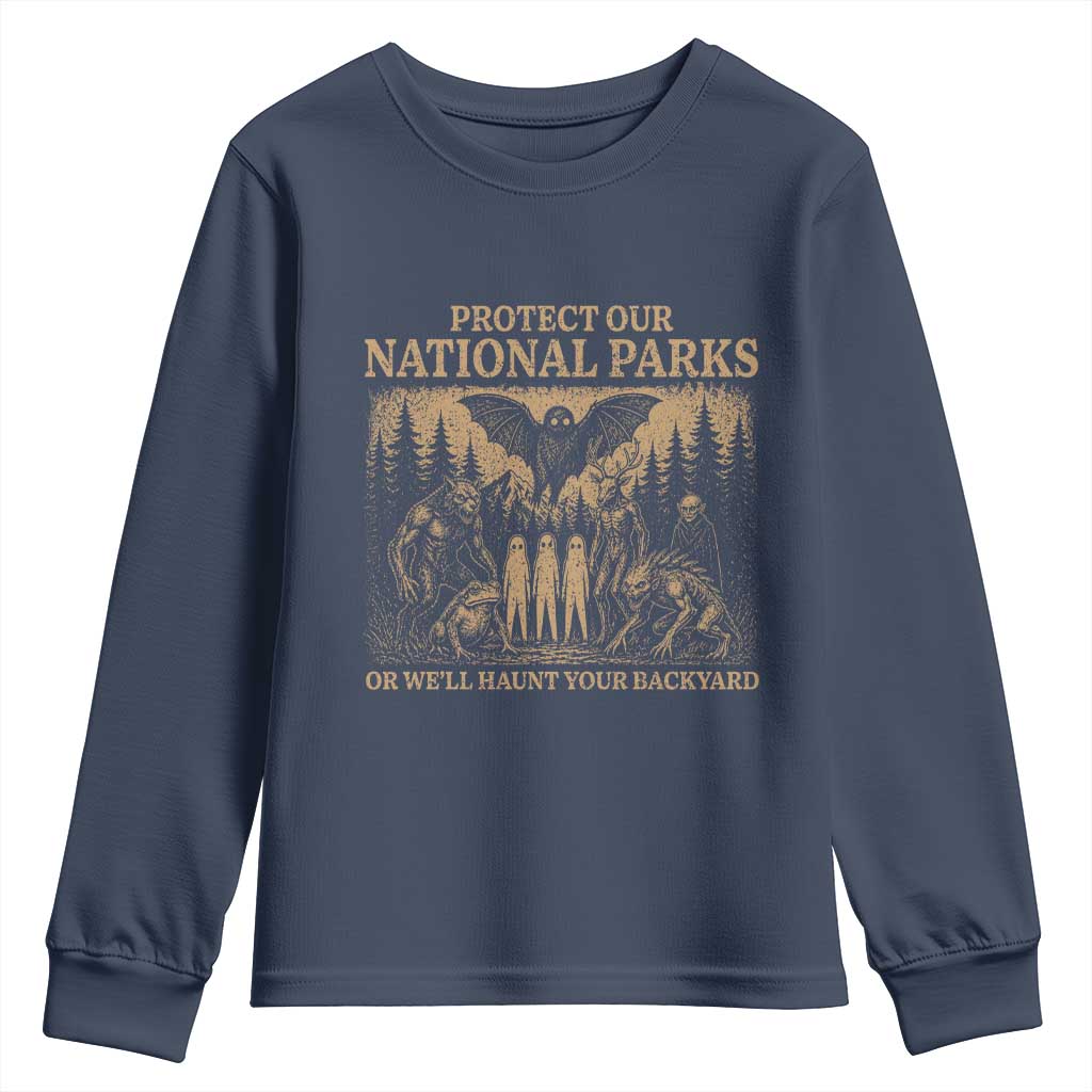 Funny Mothman Protect Our National Parks Youth Sweatshirt Ghost Wendigo Skull Cryptid Weirdcore Folk Horror