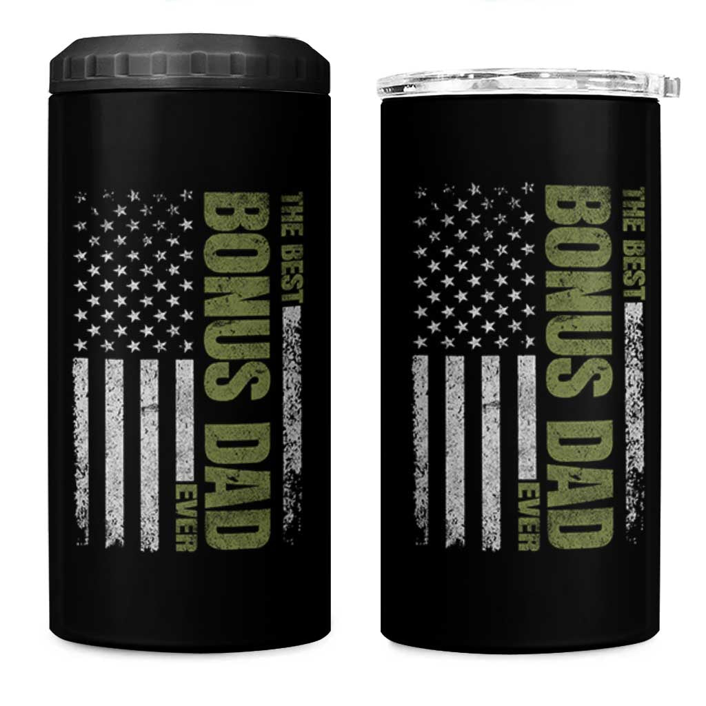 Bonus Dad 4 in 1 Can Cooler Tumbler American Flag Best Bonus Dad Ever Fathers Day