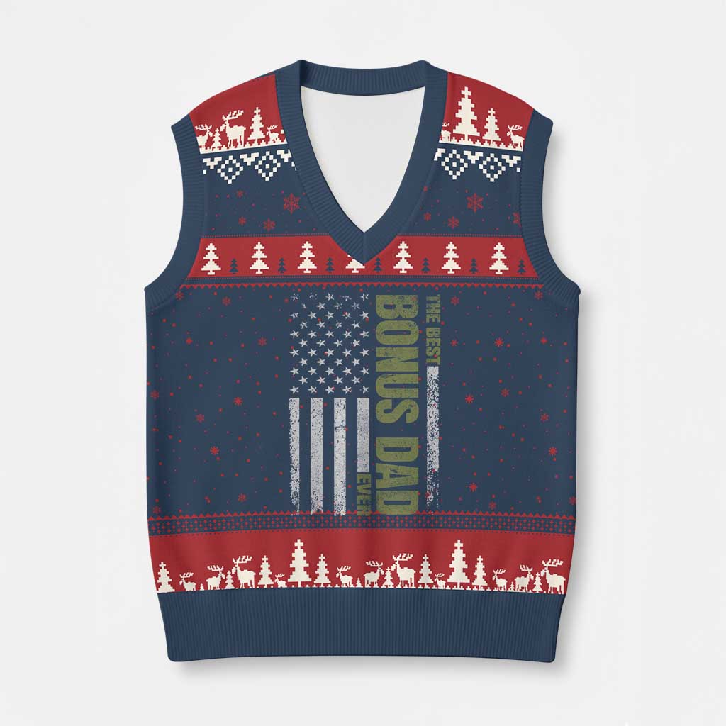 Bonus Dad V-Neck Knit Sweater Vest American Flag Best Bonus Dad Ever Fathers Day