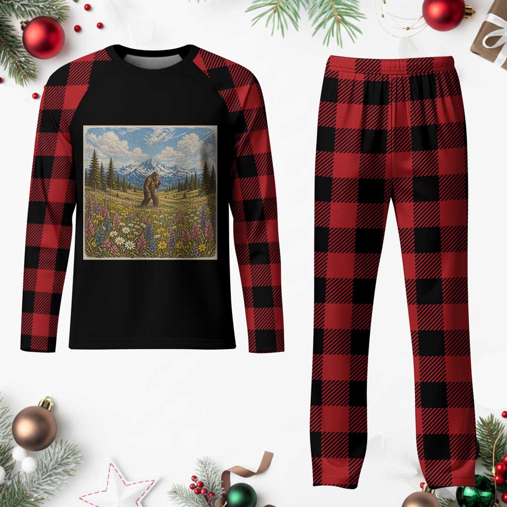Retro Bigfoot Wildflower Plaid Pajama Set Vintage Sasquatch Funny Cryptid