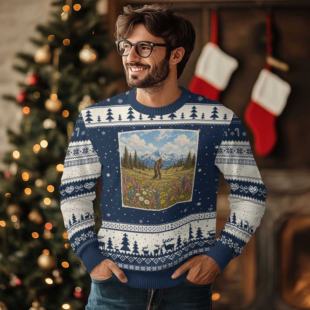 Retro Bigfoot Wildflower Ugly Christmas Sweater Vintage Sasquatch Funny Cryptid