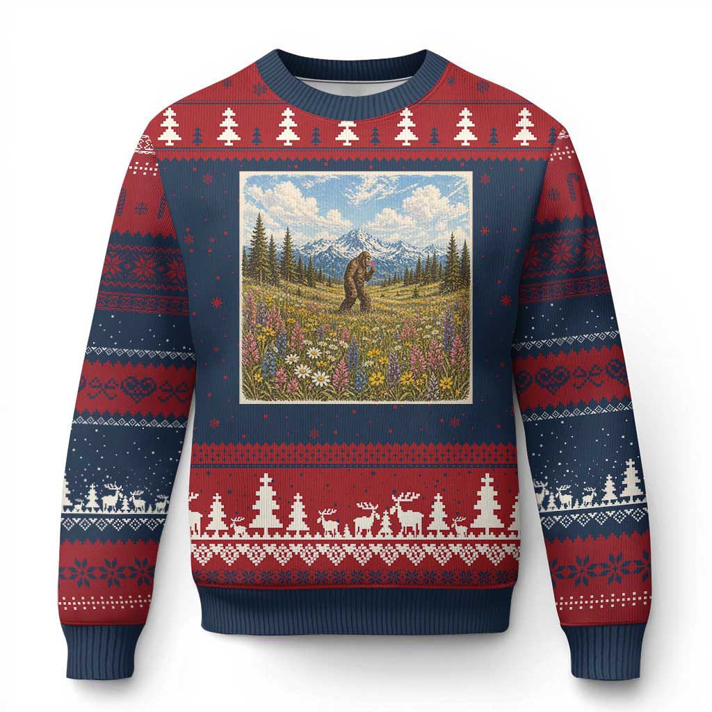 Retro Bigfoot Wildflower Ugly Christmas Sweater Vintage Sasquatch Funny Cryptid
