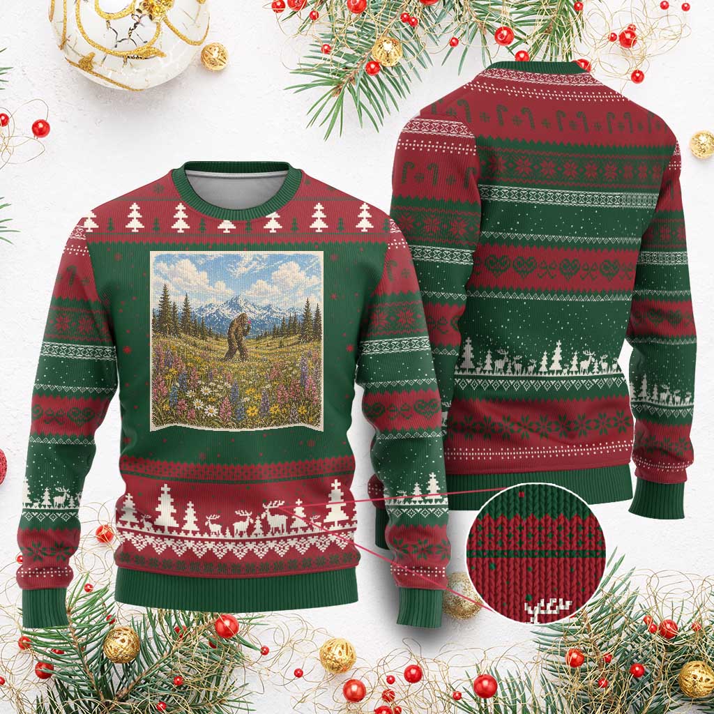 Retro Bigfoot Wildflower Ugly Christmas Sweater Vintage Sasquatch Funny Cryptid
