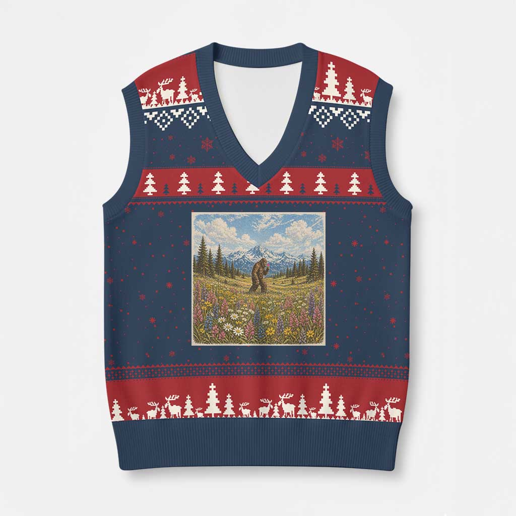 Retro Bigfoot Wildflower V-Neck Knit Sweater Vest Vintage Sasquatch Funny Cryptid