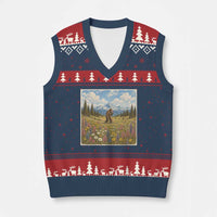 Retro Bigfoot Wildflower V-Neck Knit Sweater Vest Vintage Sasquatch Funny Cryptid