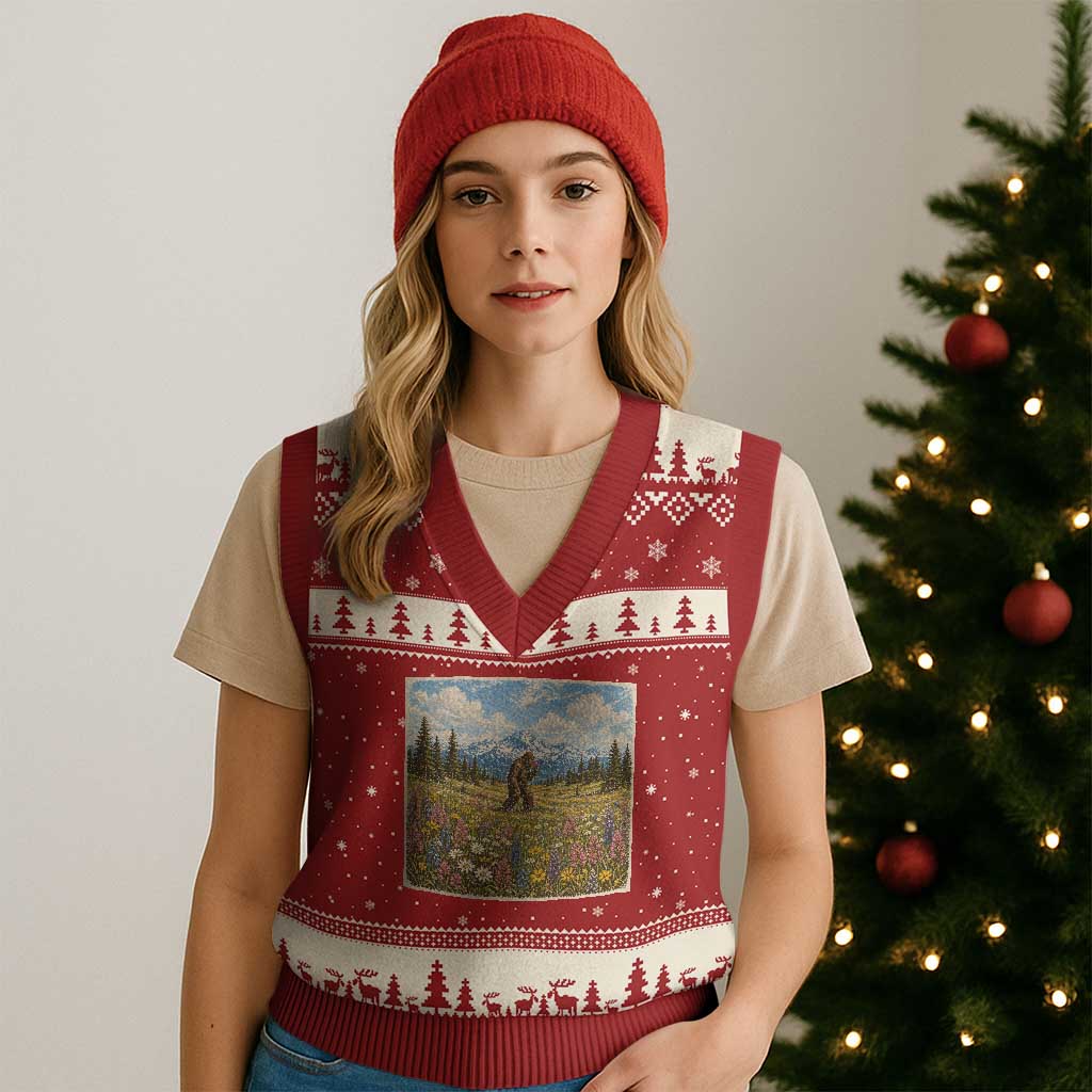 Retro Bigfoot Wildflower V-Neck Knit Sweater Vest Vintage Sasquatch Funny Cryptid