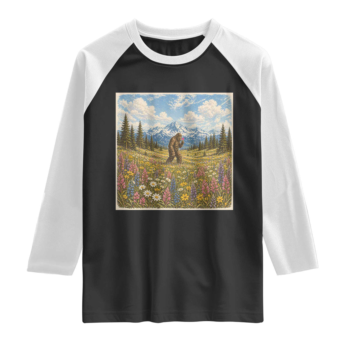 Retro Bigfoot Wildflower Raglan Shirt Vintage Sasquatch Funny Cryptid