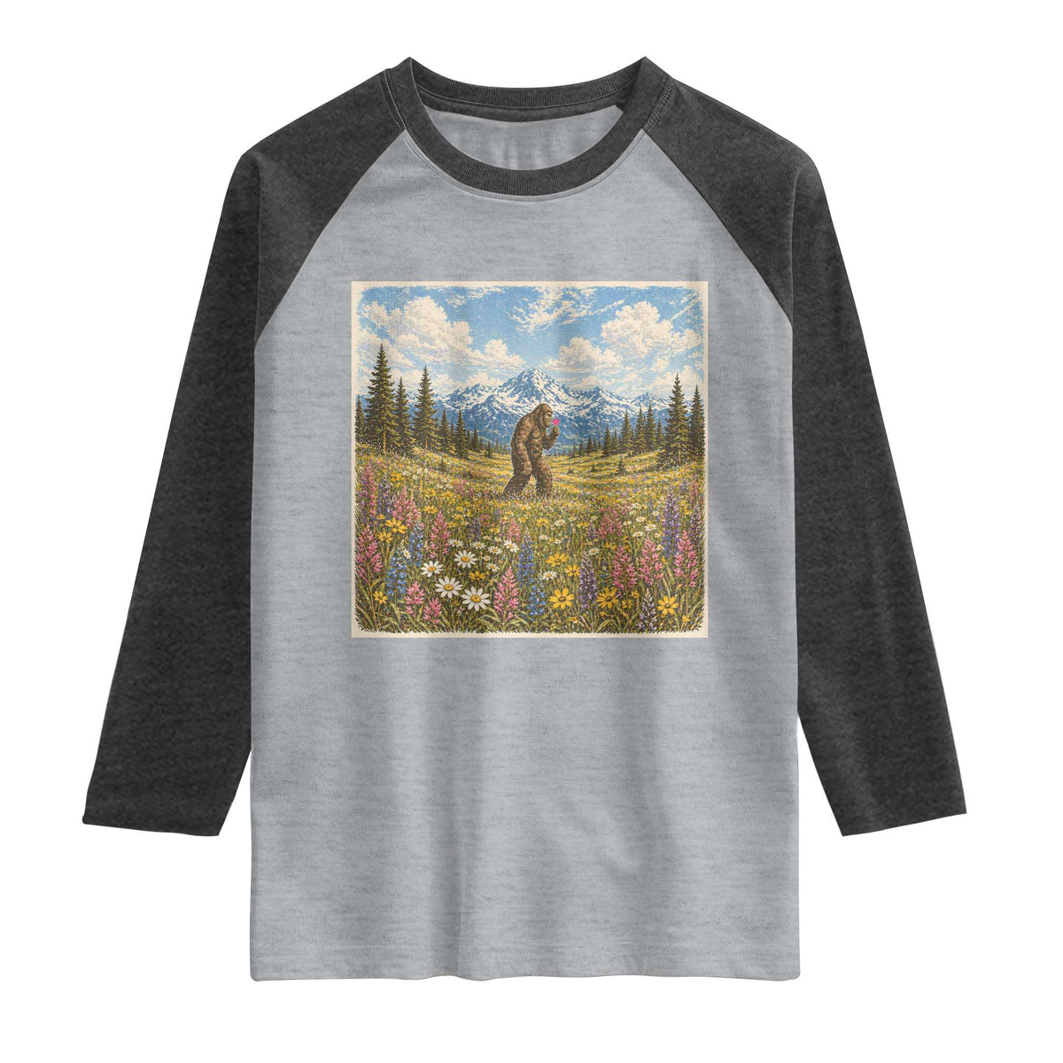 Retro Bigfoot Wildflower Raglan Shirt Vintage Sasquatch Funny Cryptid