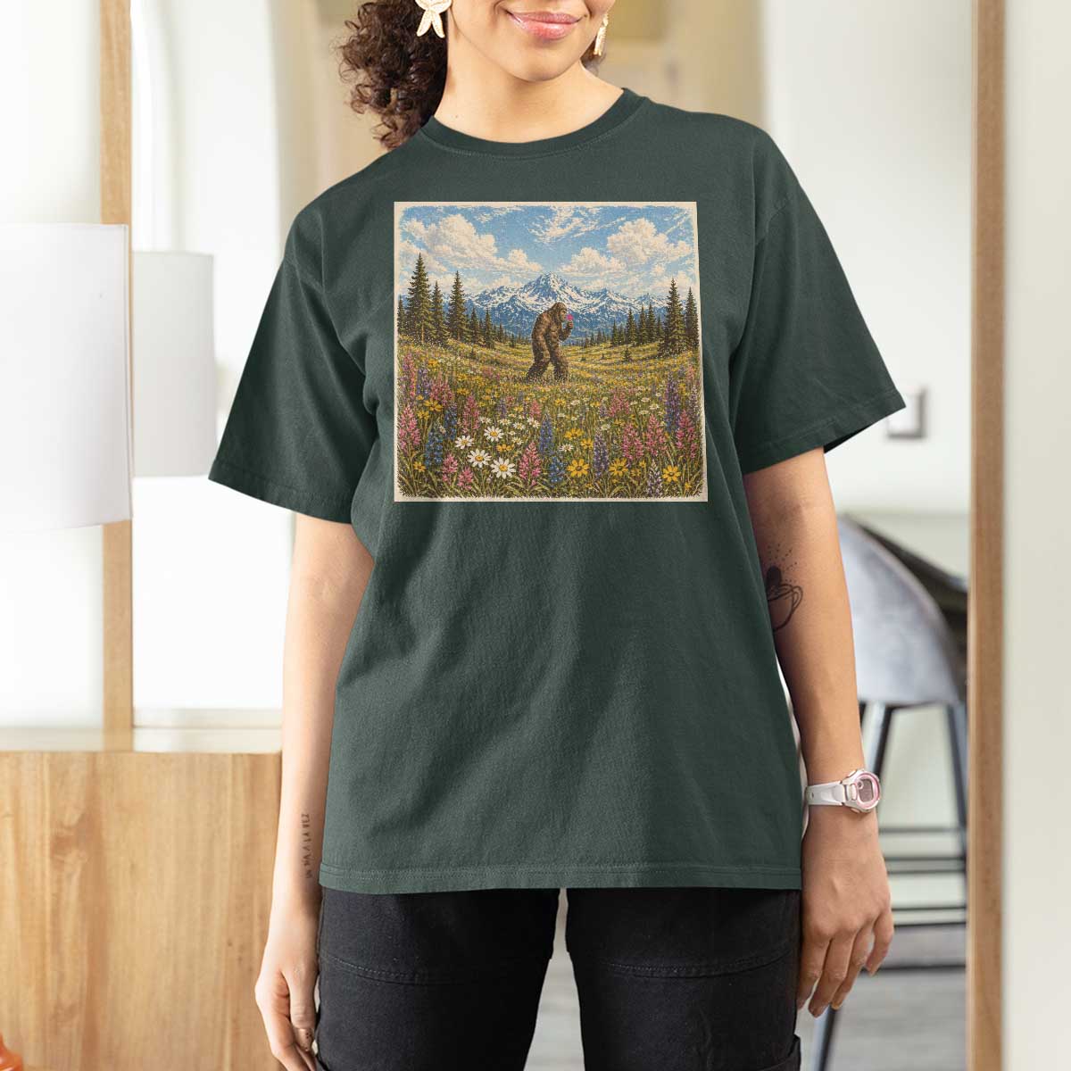 Retro Bigfoot Wildflower T Shirt For Women Vintage Sasquatch Funny Cryptid