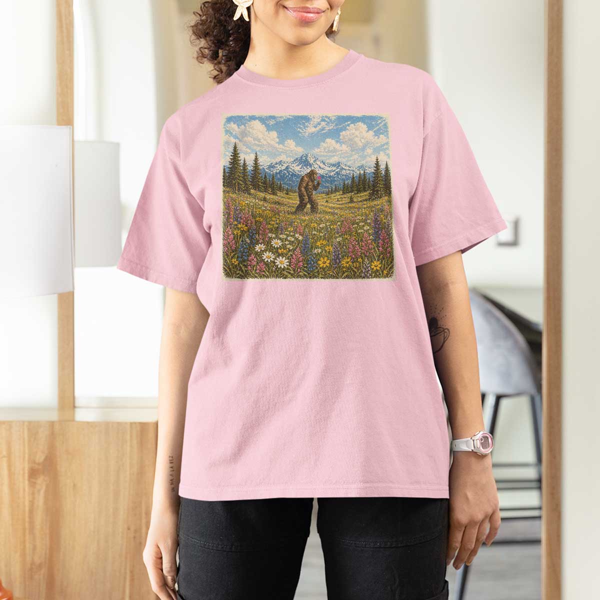 Retro Bigfoot Wildflower T Shirt For Women Vintage Sasquatch Funny Cryptid