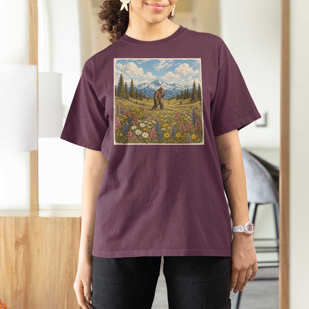 Retro Bigfoot Wildflower T Shirt For Women Vintage Sasquatch Funny Cryptid