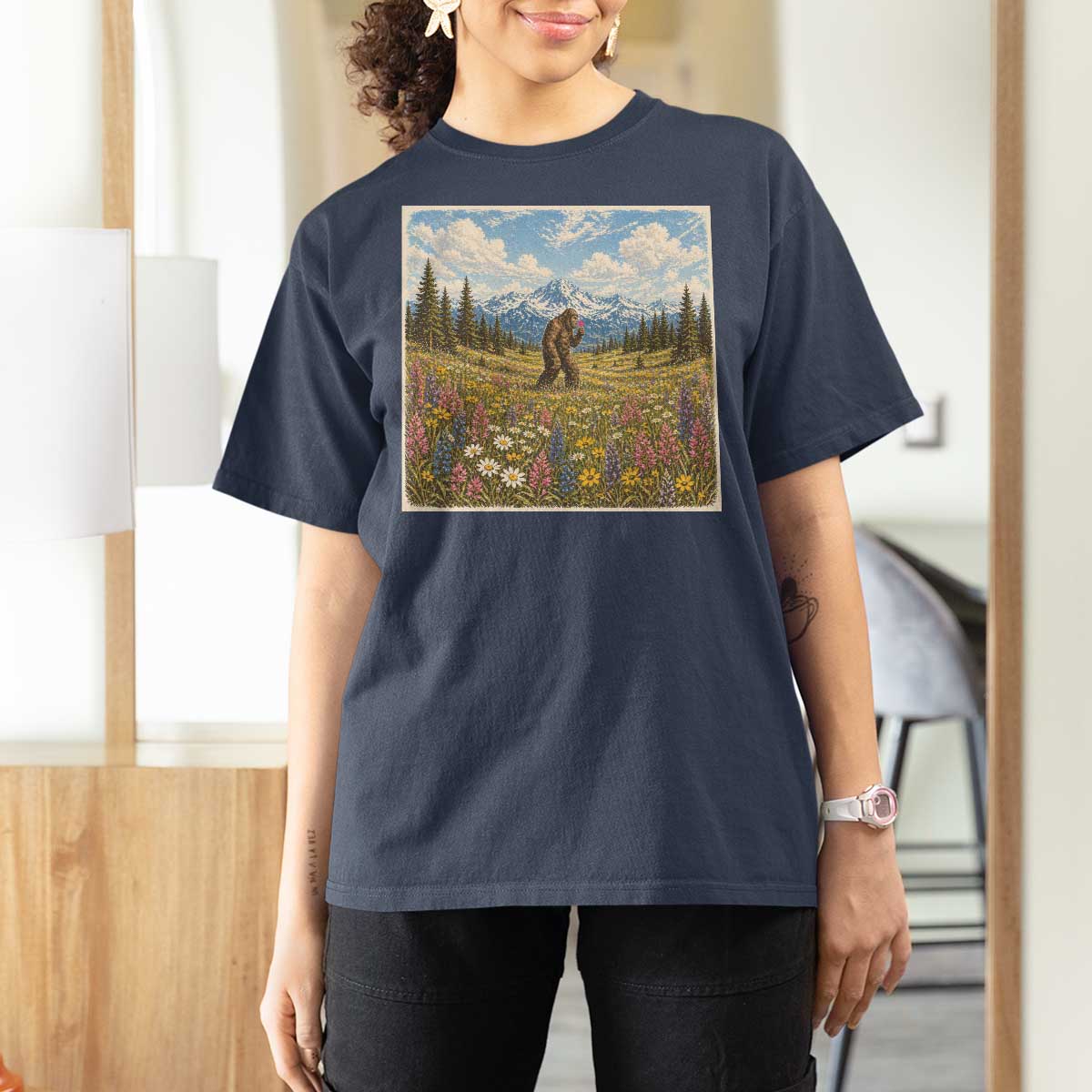 Retro Bigfoot Wildflower T Shirt For Women Vintage Sasquatch Funny Cryptid