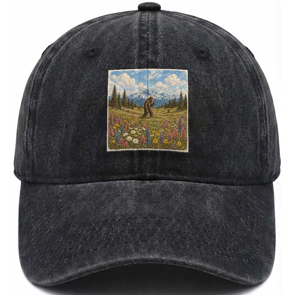 Retro Bigfoot Wildflower Washed Cotton Baseball Cap Vintage Sasquatch Funny Cryptid