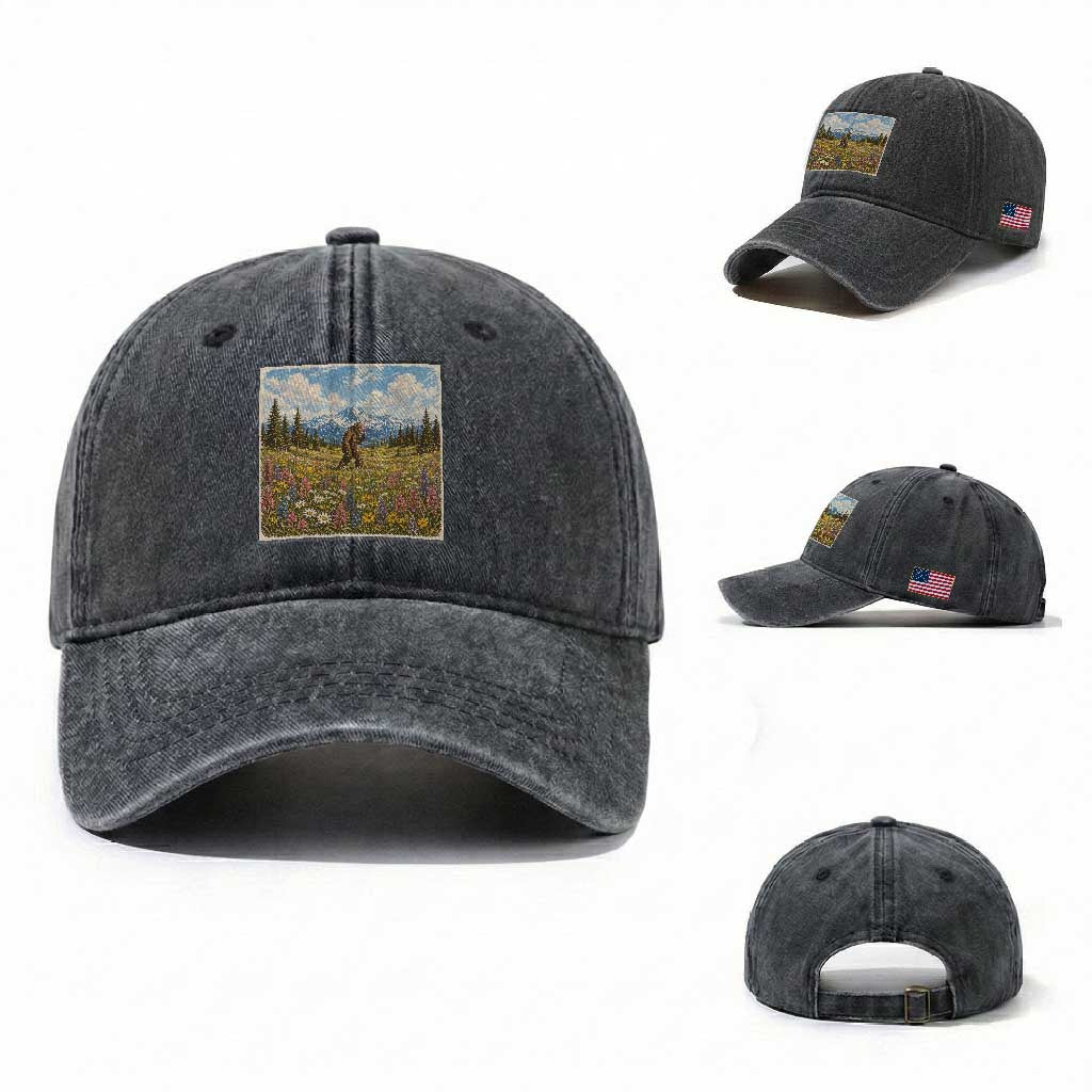 Retro Bigfoot Wildflower Washed Cotton Baseball Cap Vintage Sasquatch Funny Cryptid
