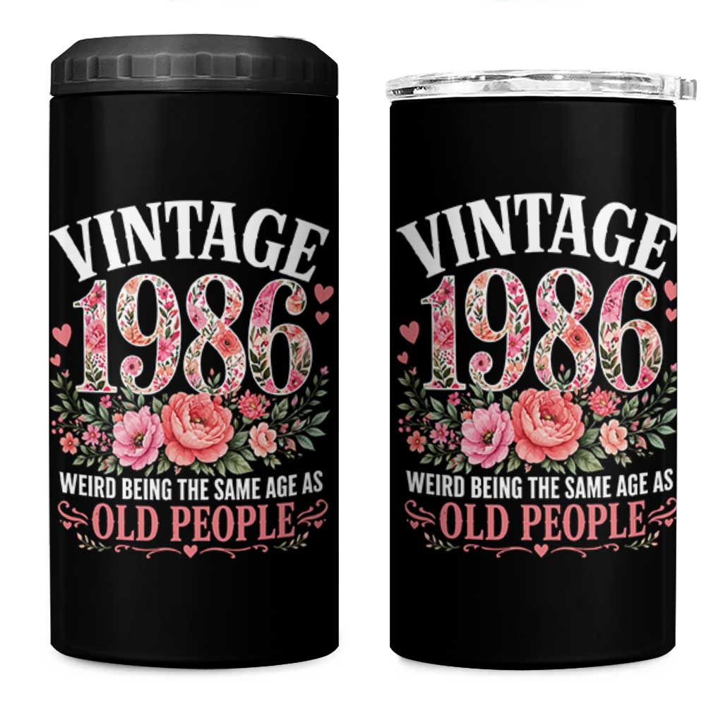 40th Birthday Gifts For Her 4 in 1 Can Cooler Tumbler Floral 1986 Weird Being The Same Age As Old People