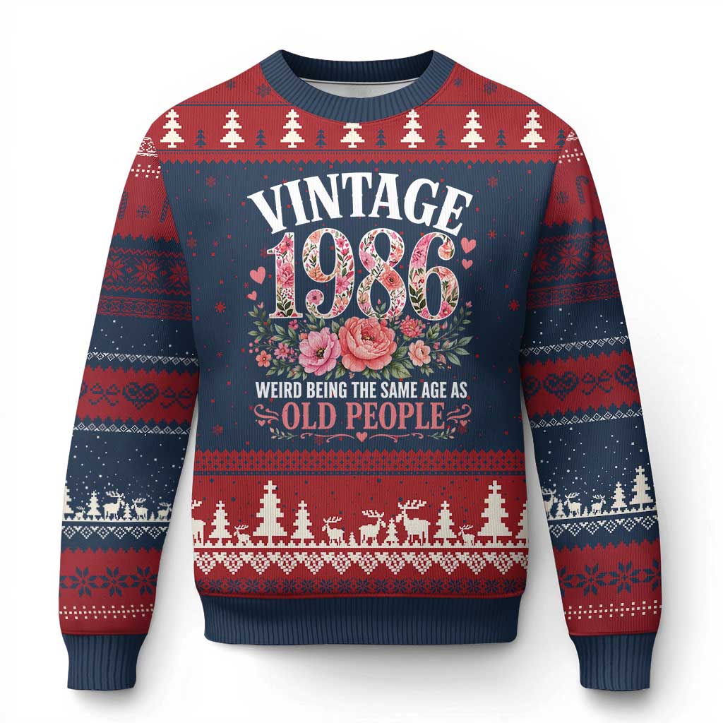 40th Birthday Gifts For Her Ugly Christmas Sweater Floral 1986 Weird Being The Same Age As Old People