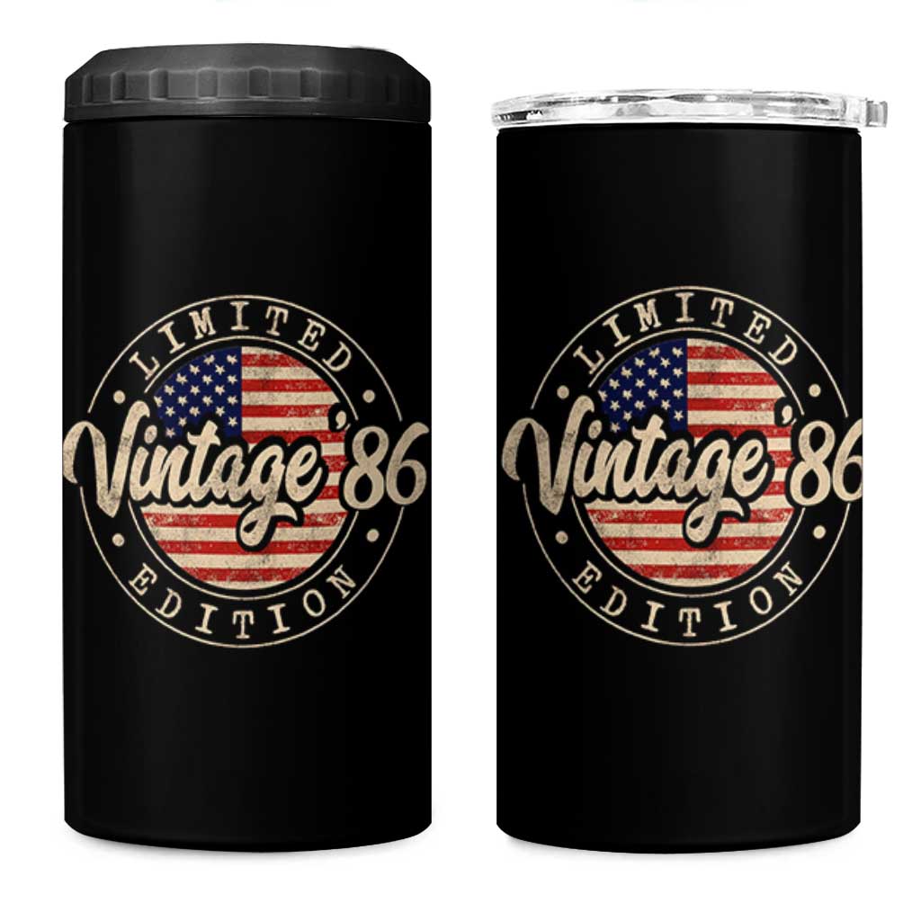 Vintage 1986 Stamp 4 in 1 Can Cooler Tumbler Funny 40th Birthday USA Flag 40 Year Old Bday
