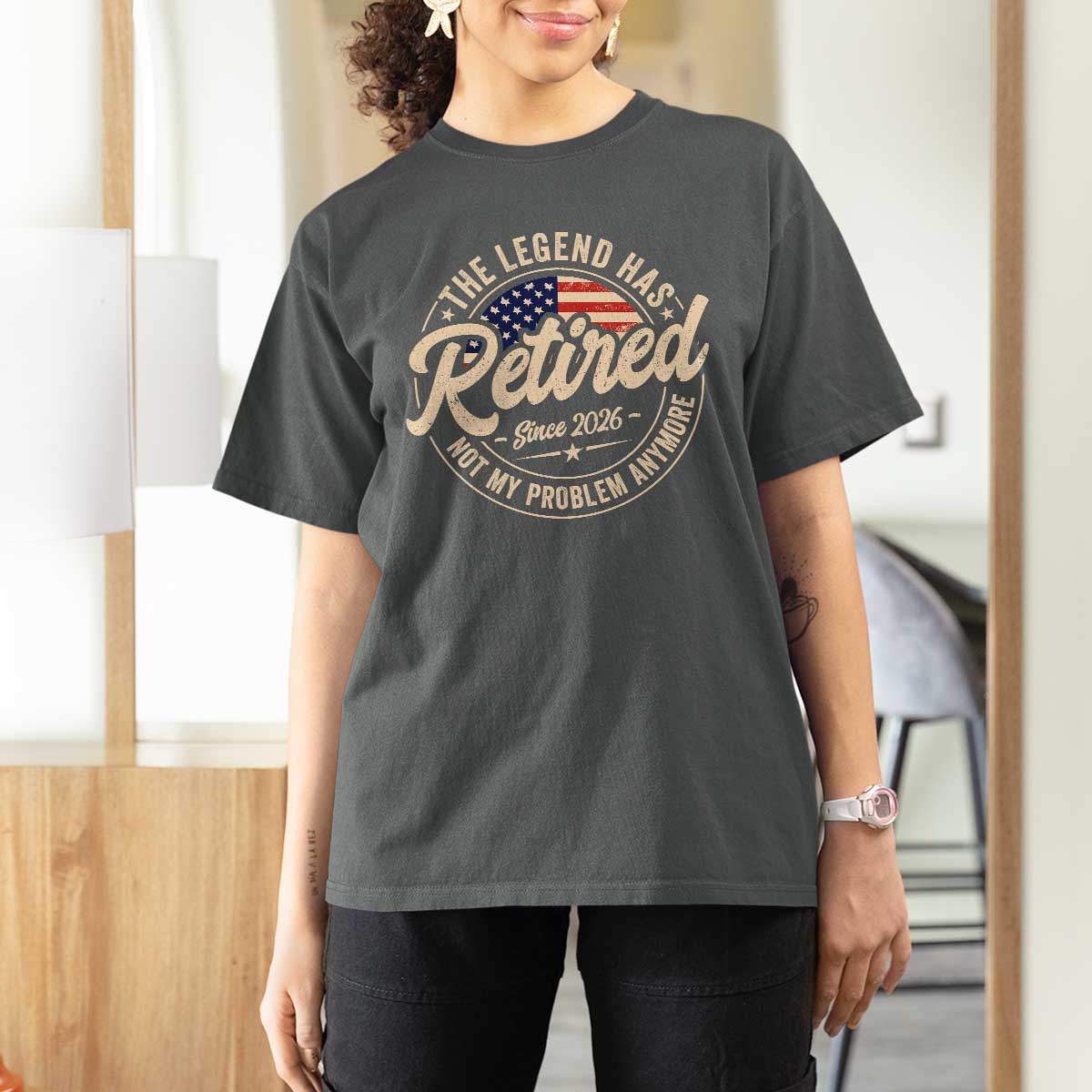Retired 2026 T Shirt For Women Funny Retirement US Flag Retired Not My Problems Anymore